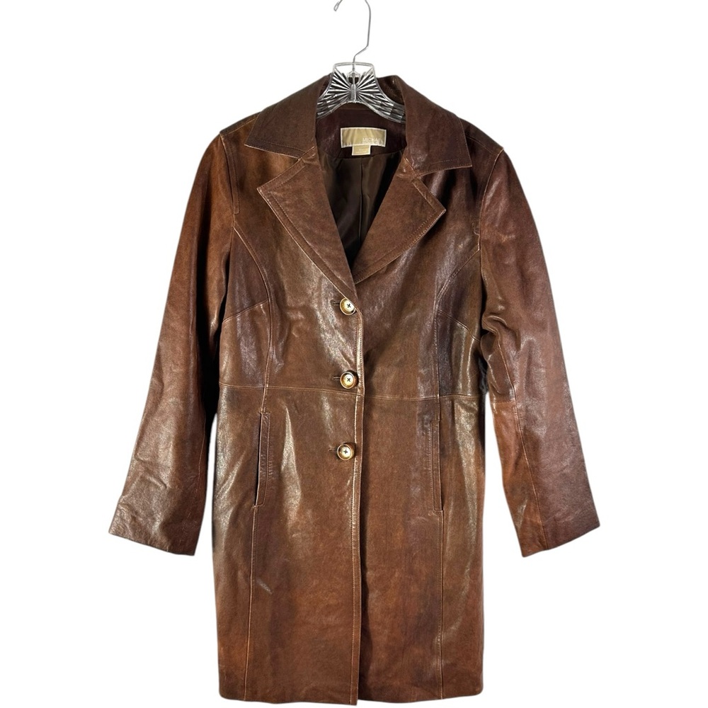 Michael Kors Brown Distressed Leather Long Western Style Button Jacket Size M